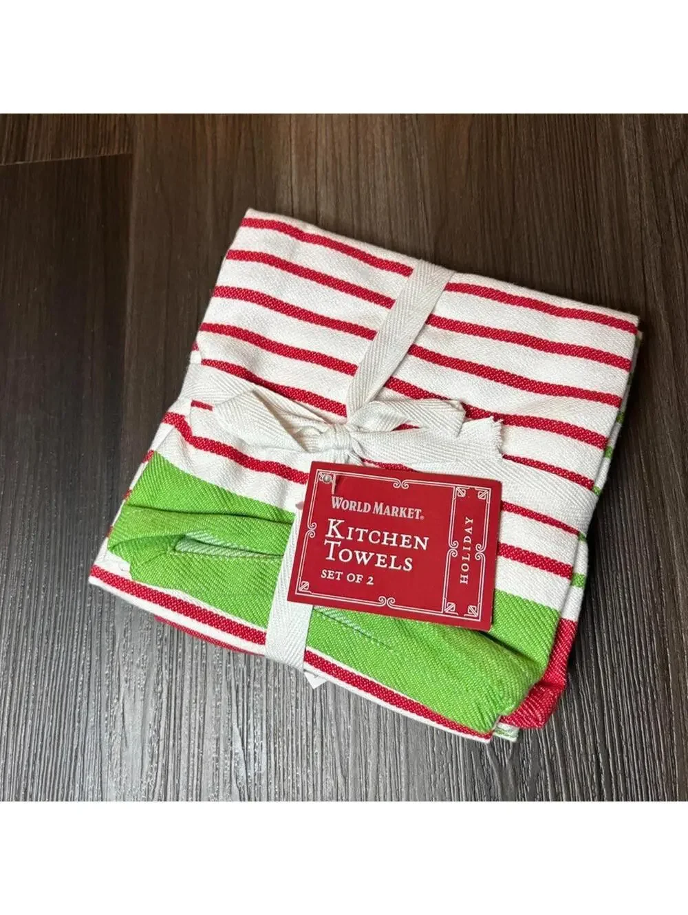 World Market Red and Green Woven Stripe Kitchen Towels 2 Pack Cotton Holiday